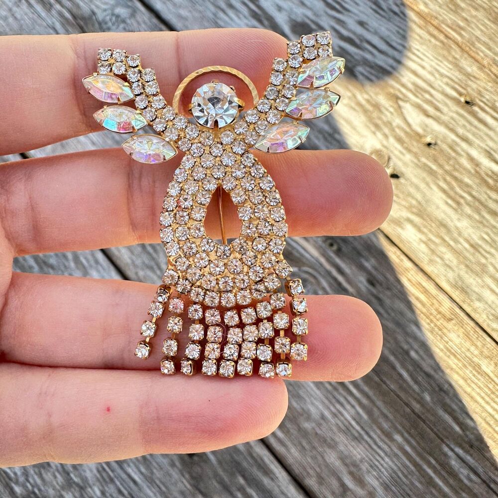 Vintage Rhinestone Angel Brooch with Fringe